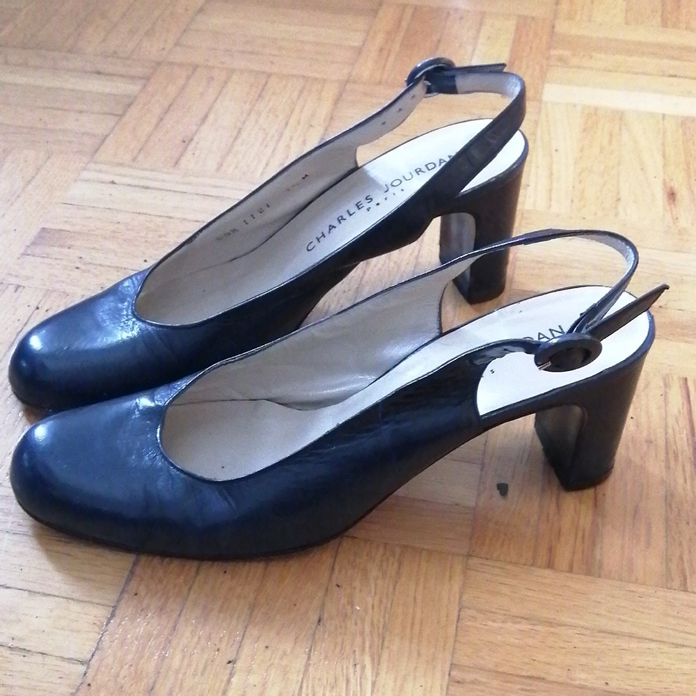 Navy leather slingbacks